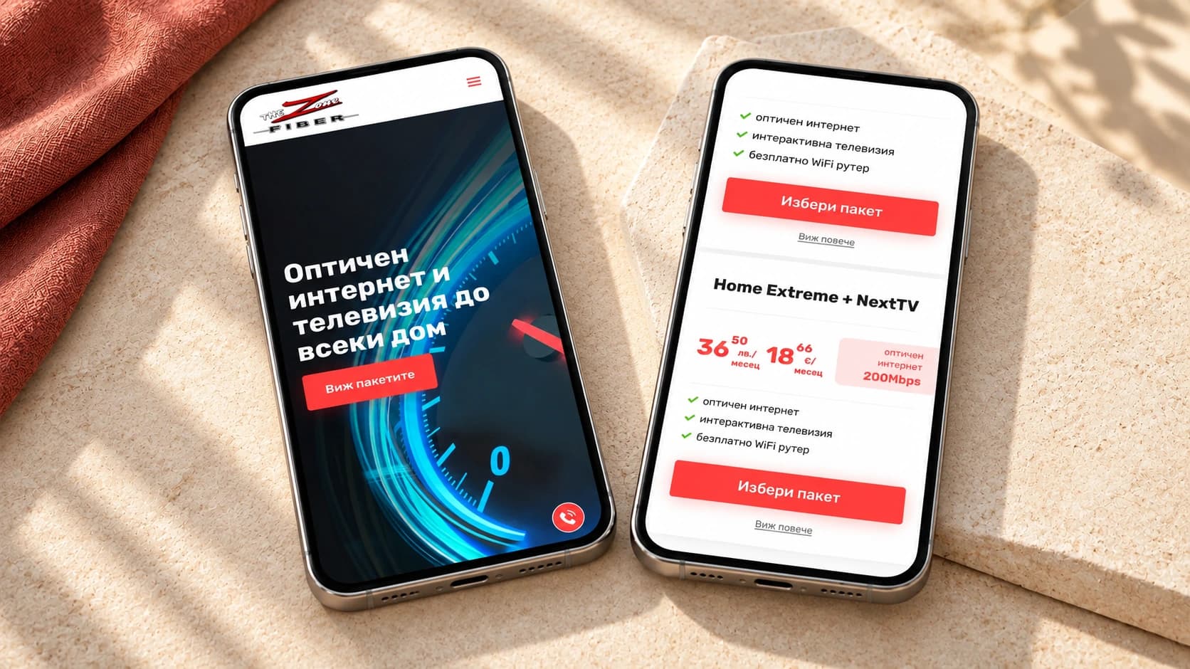 The Zone mobile website displayed on two smartphones on a stone desk